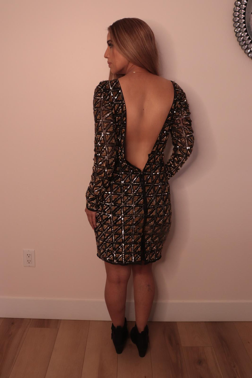 Golden Silver chess pattern Long sleeve short dress