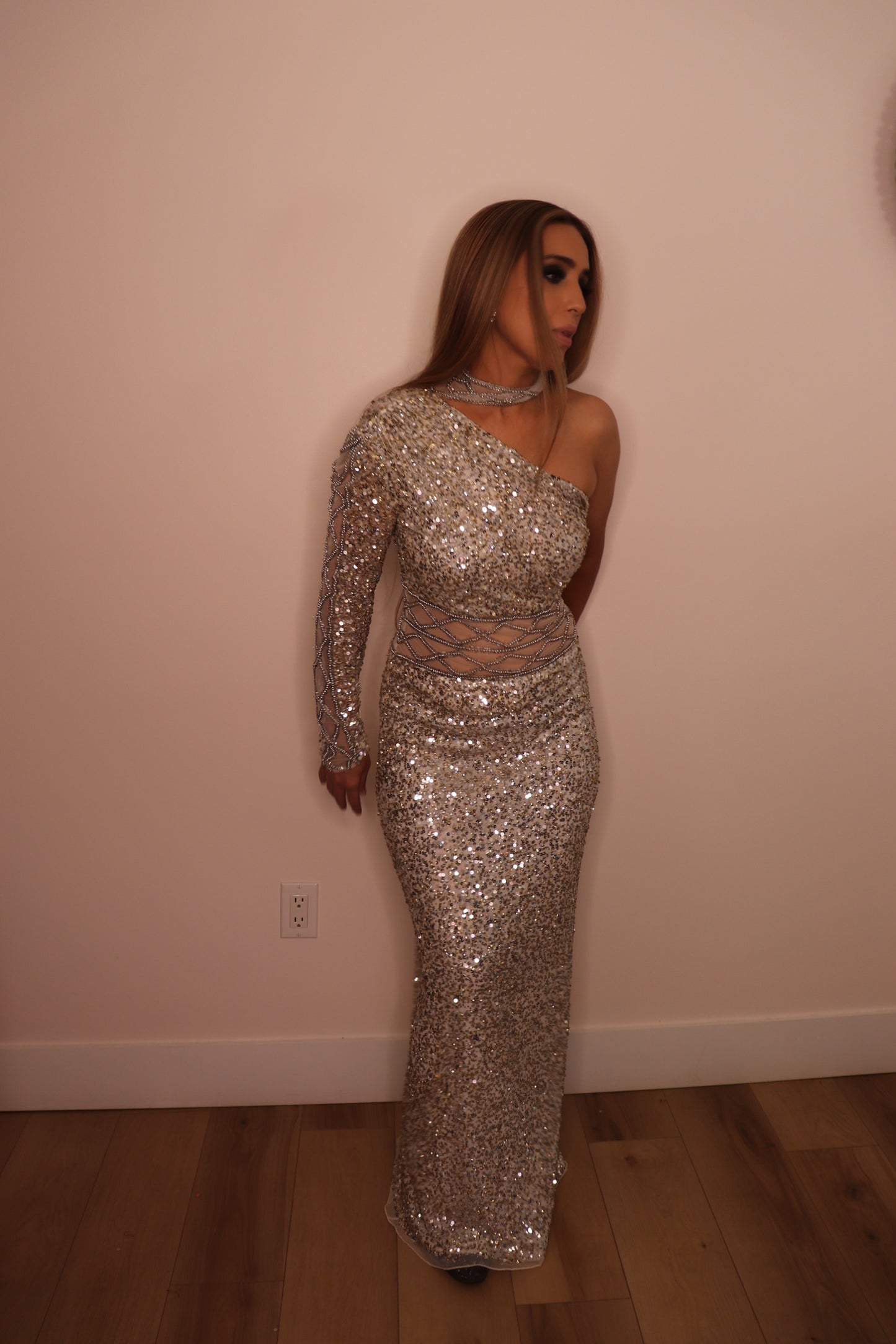 One Sleeve Grey Sparkle long dress