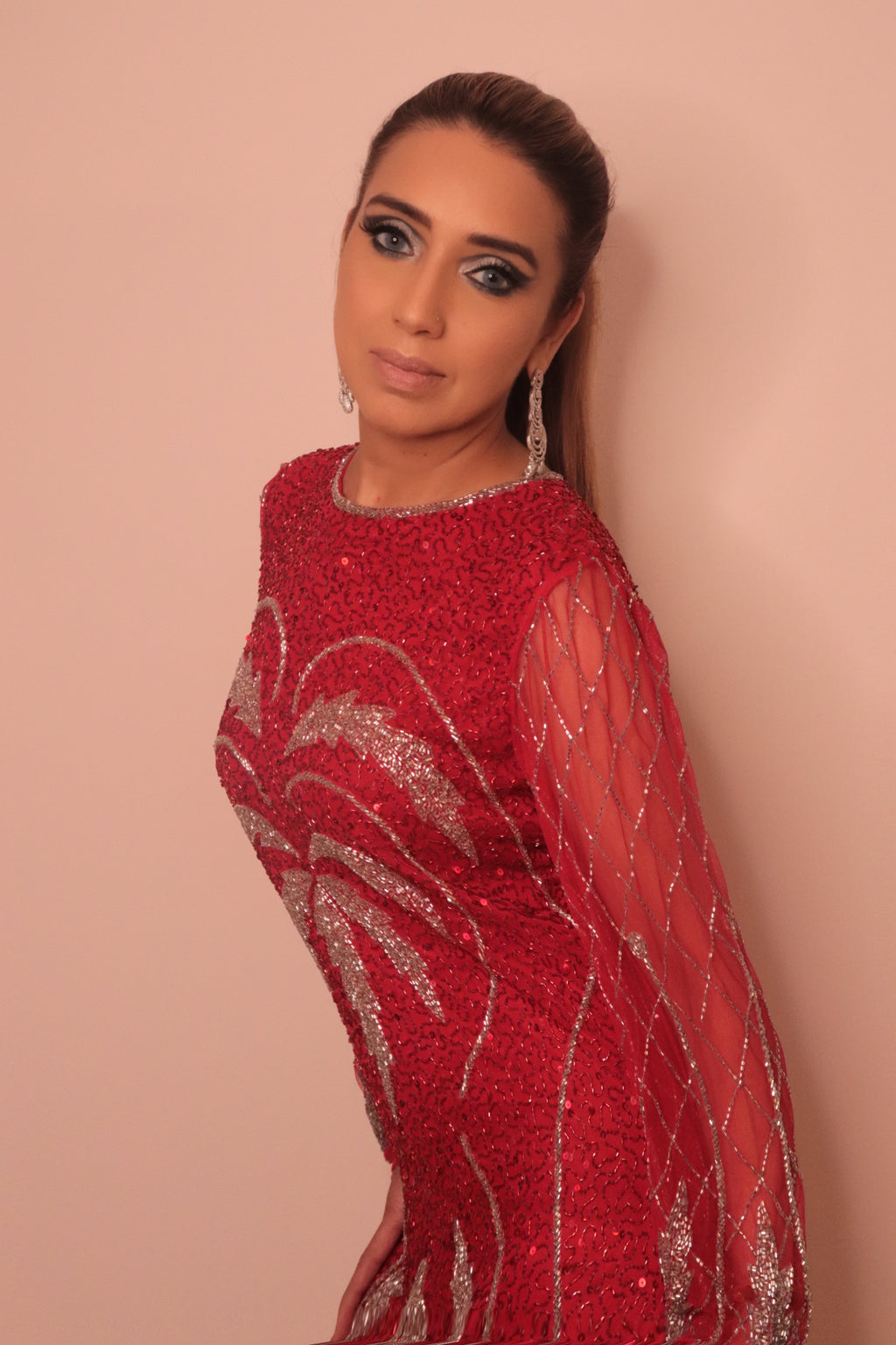 Long Red beaded dress with silver sequence pattern