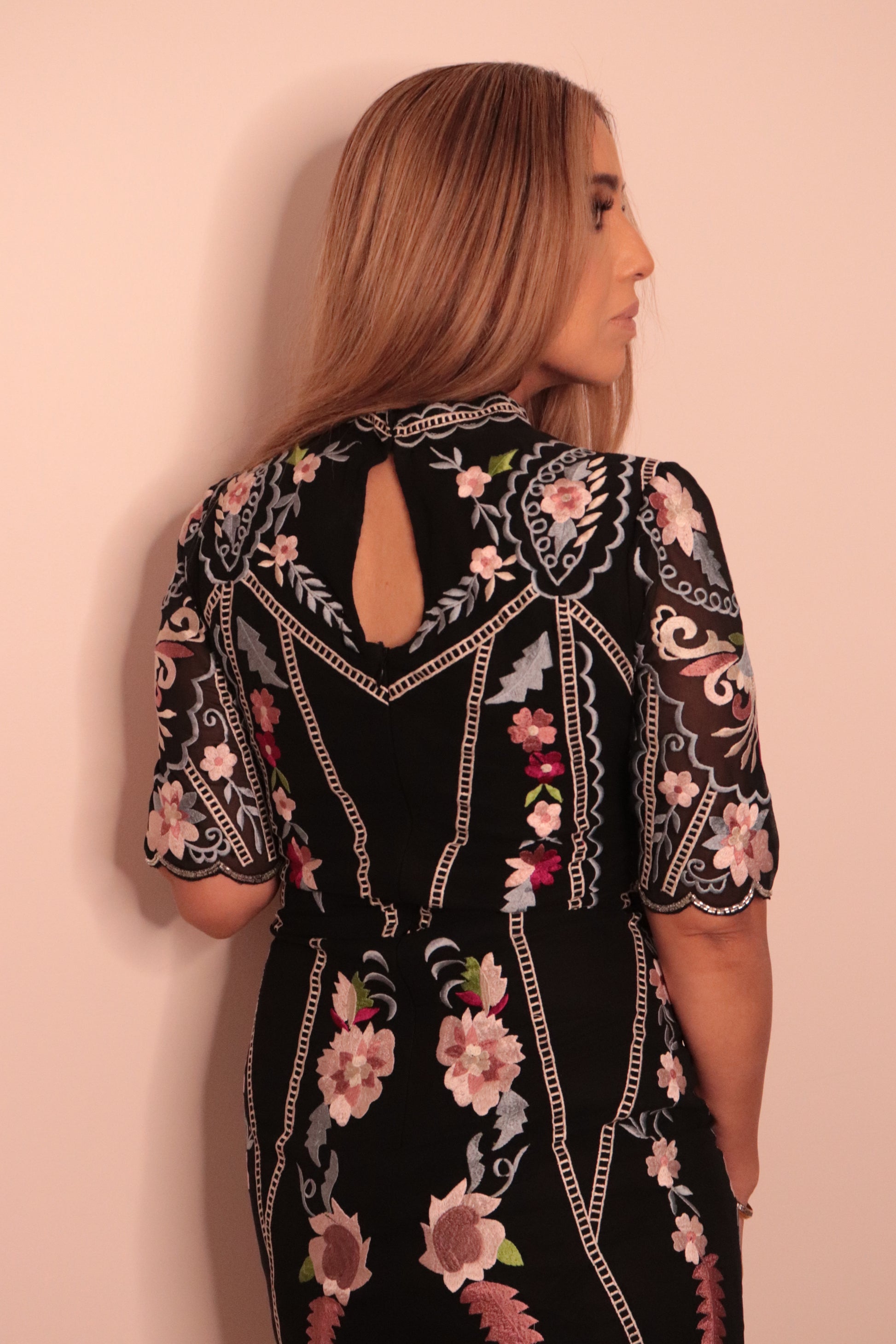 Black Short Dress with pattern & crystal tassels