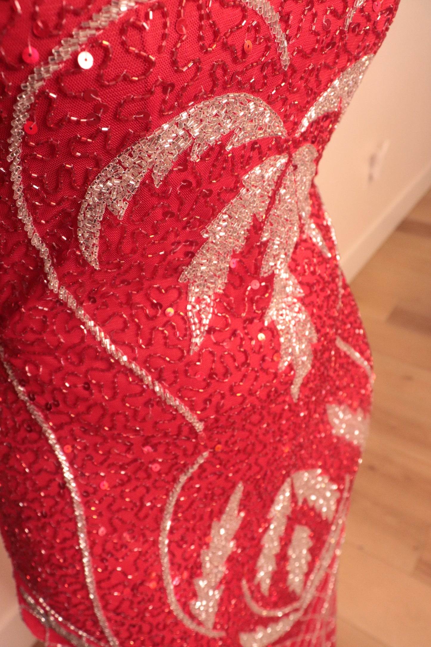 Long Red beaded dress with silver sequence pattern