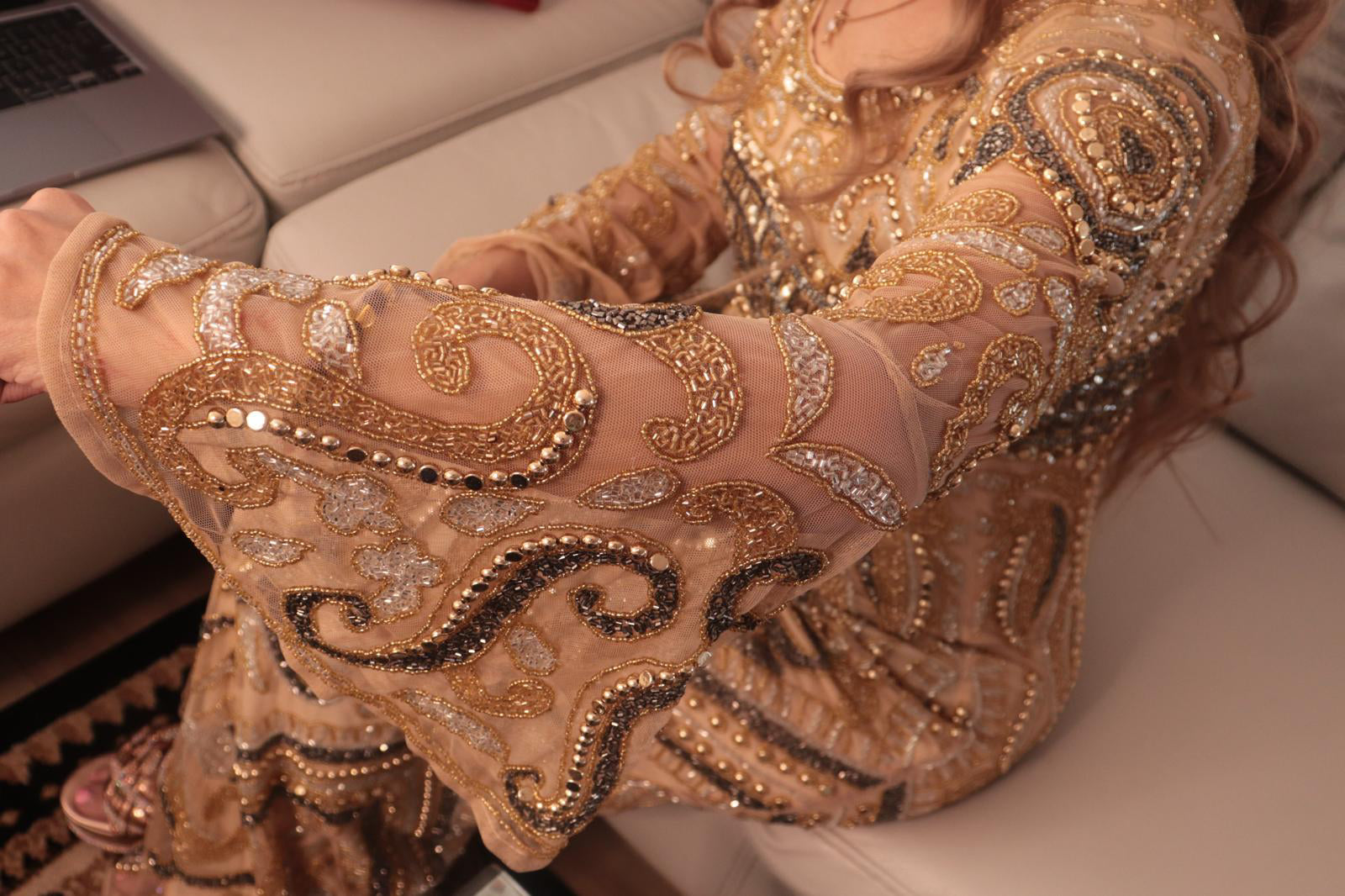 Beige long bell sleeve dress with crystal beading
